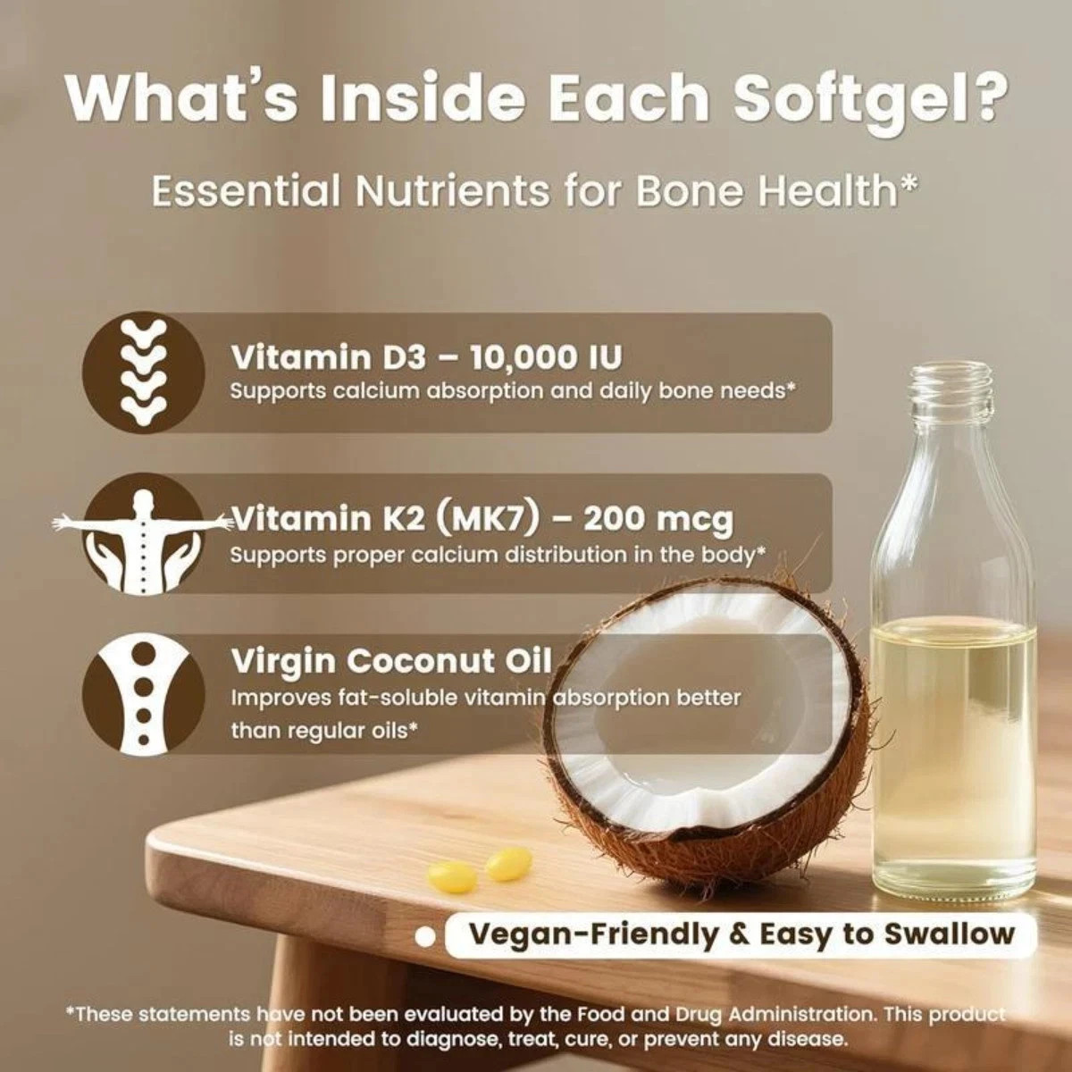 VEV Vitamin D3 Virgin 10000 300 K2 Coconut Oil Softgels, 2 In 1 Vitamins Supplem