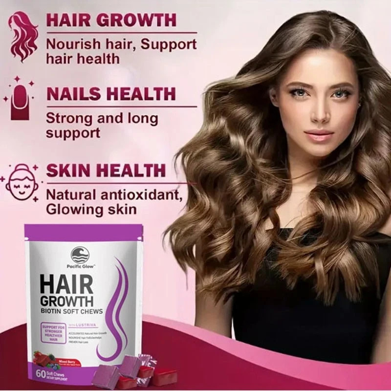 PACIFIC GLOW Hair Growth Biotin Mixed Berry Soft Chews Vitamins Women w Lustriva