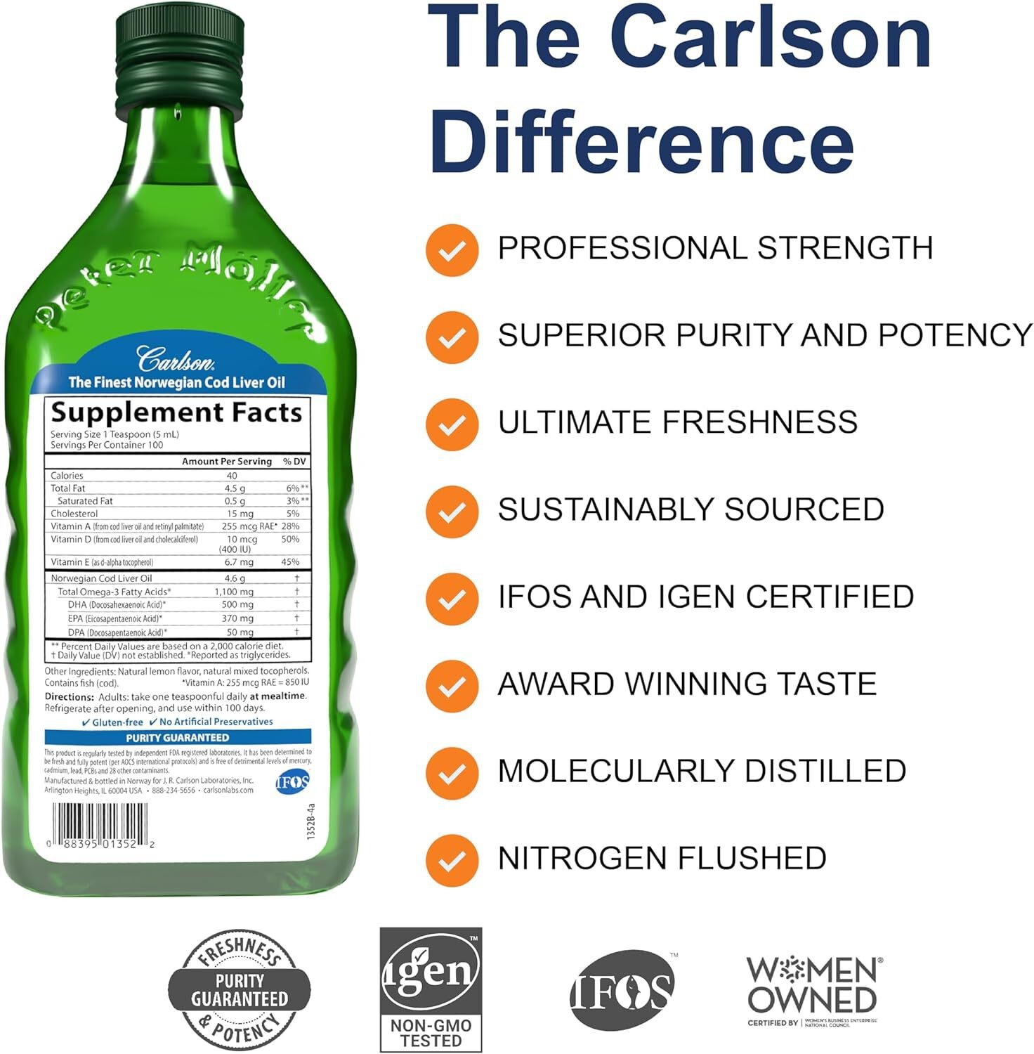 Carlson – Cod Liver Oil, 1100 mg Omega-3s, Unflavored, 500 ml (16.9 Fl Oz)