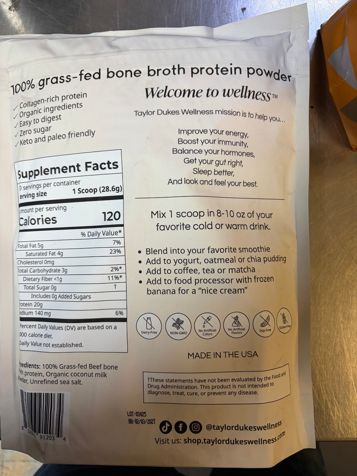 UNFLAVORED Bone Broth Protein Powder 30.2oz 100% Grass Fed 20g TD Wellness
