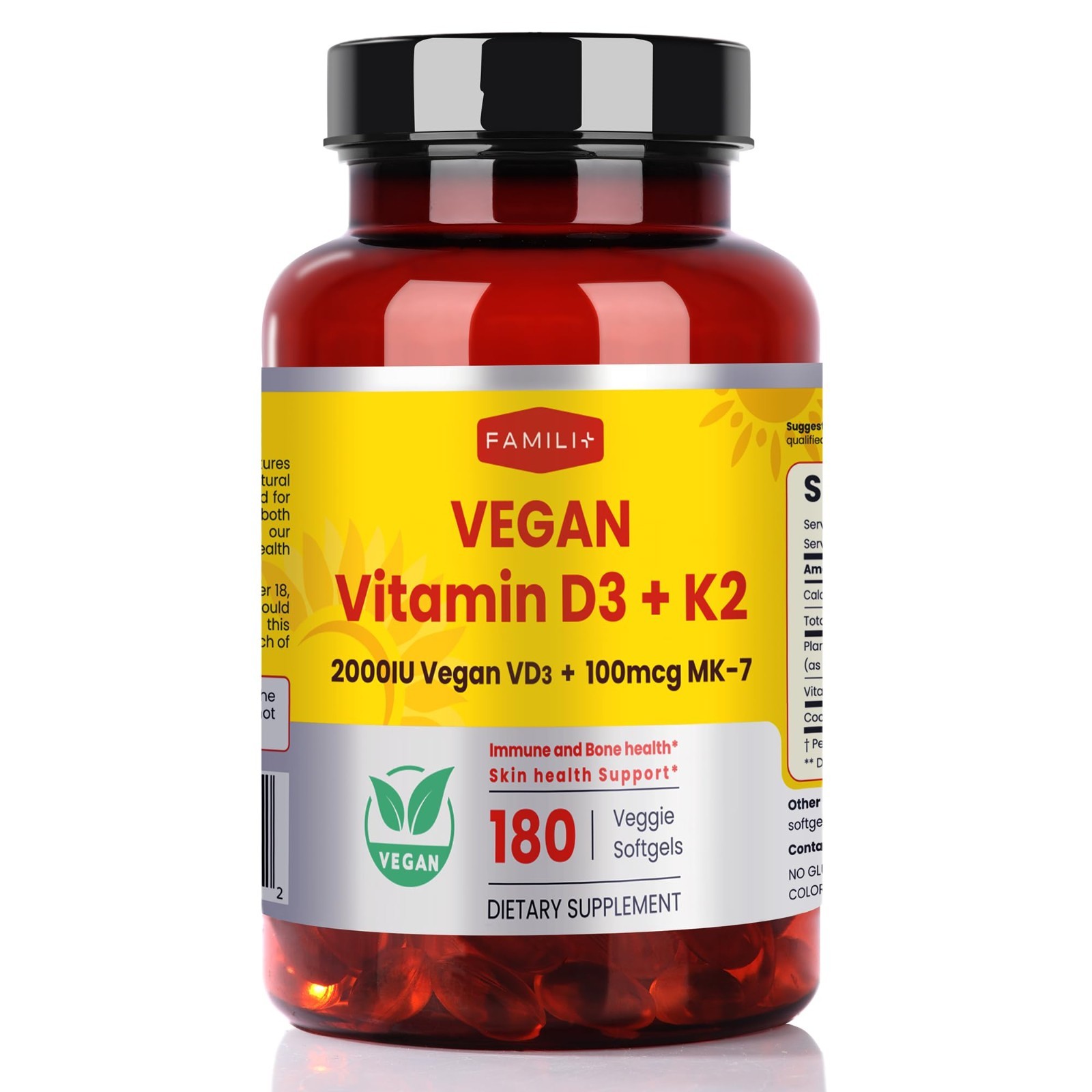 ​3 Bottle Lot: Famili+ Vegan Vitamin D3 + K2 (540 Total Veggie Softgels)