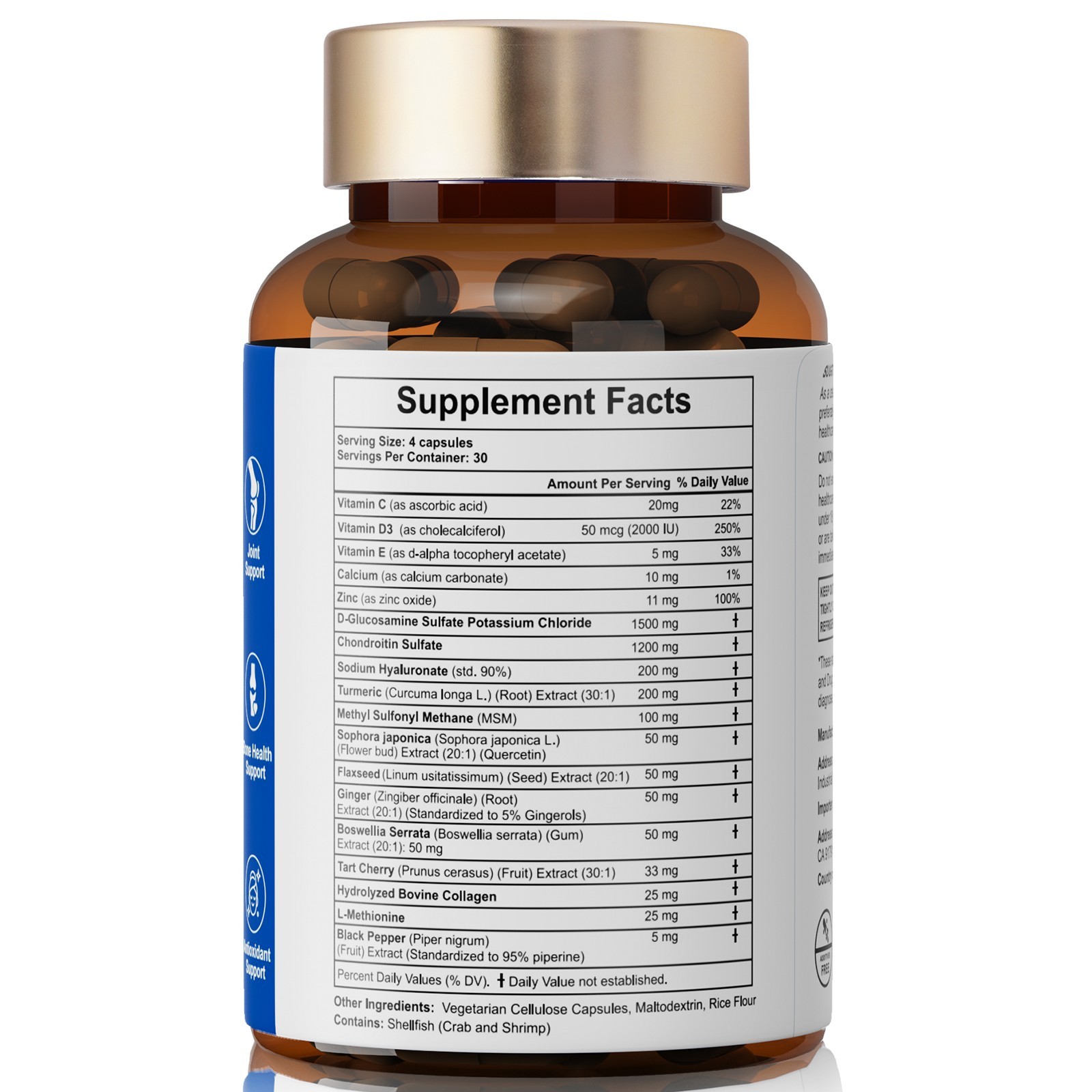 Glucosamine Chondroitin Collagen Hyaluronic Acid MSM Turmeric Joint Support 120c