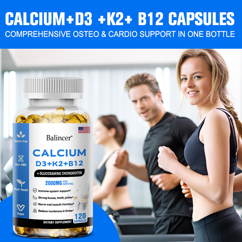 Balincer Calcium Vitamin D3 + K3 + B12, 2000 mg per serving, Non-GMO, Vegetarian