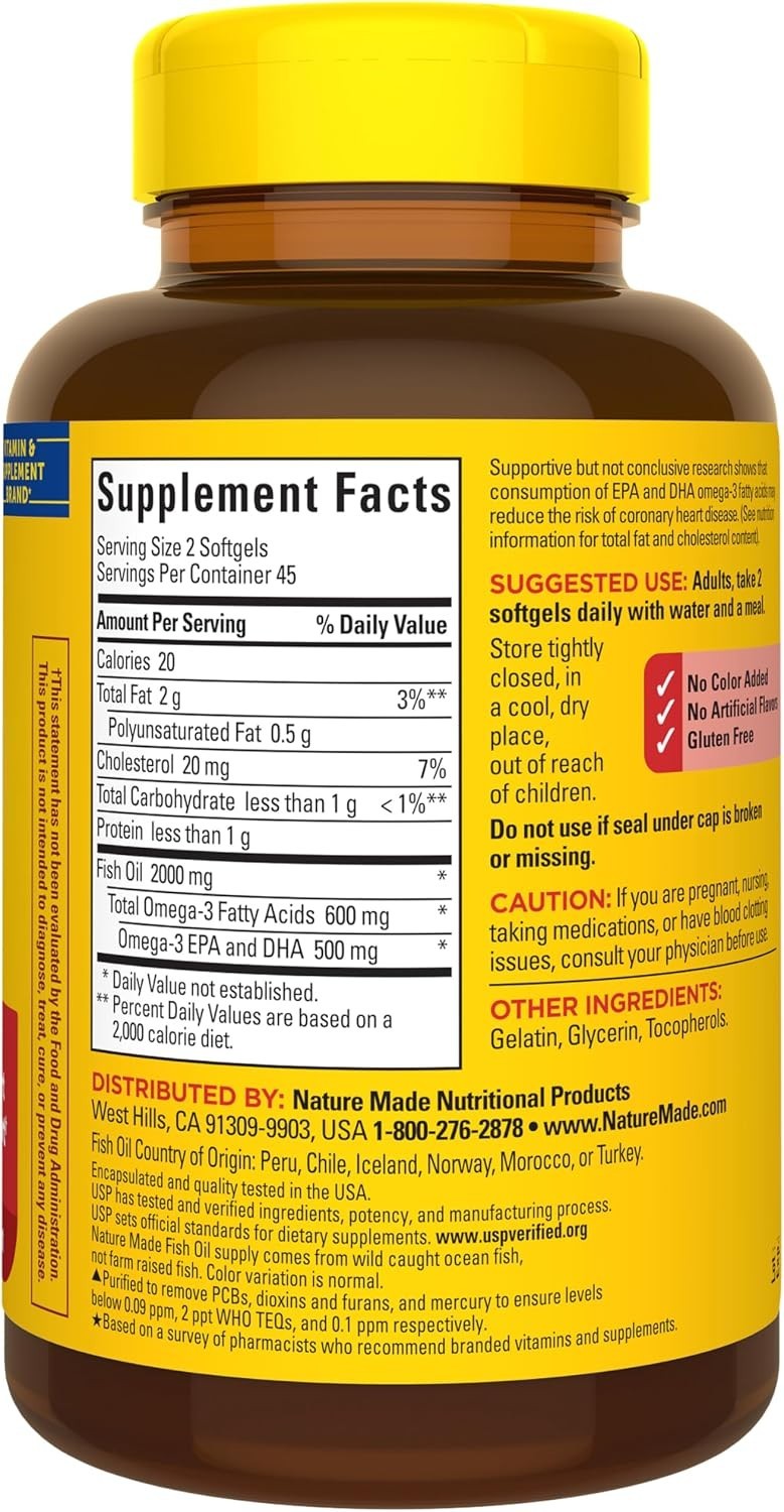 1000 mg Omega-3 Fatty Acids Softgels – Gluten & Dairy Free, 45-Day Heart Support