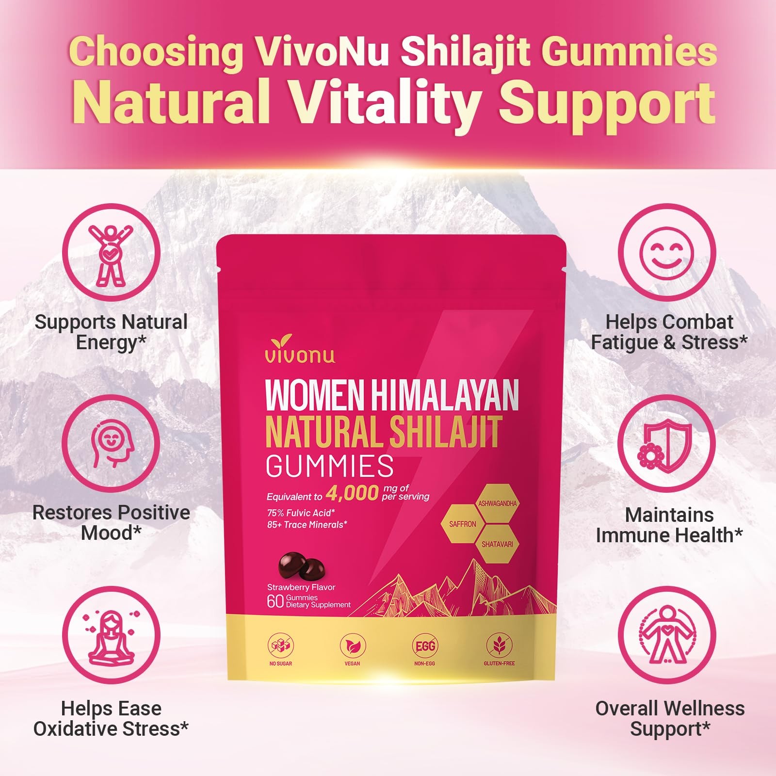 Himalayan* Shilajit* Gummies with 60 Count (Pack of 1), .Pink