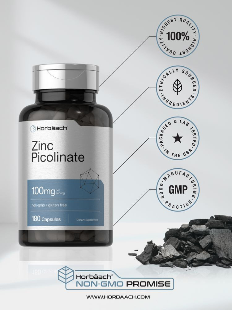 Zinc Picolinate 100mg | 180 Capsules | High Potency, Non-GMO | by Horbaach