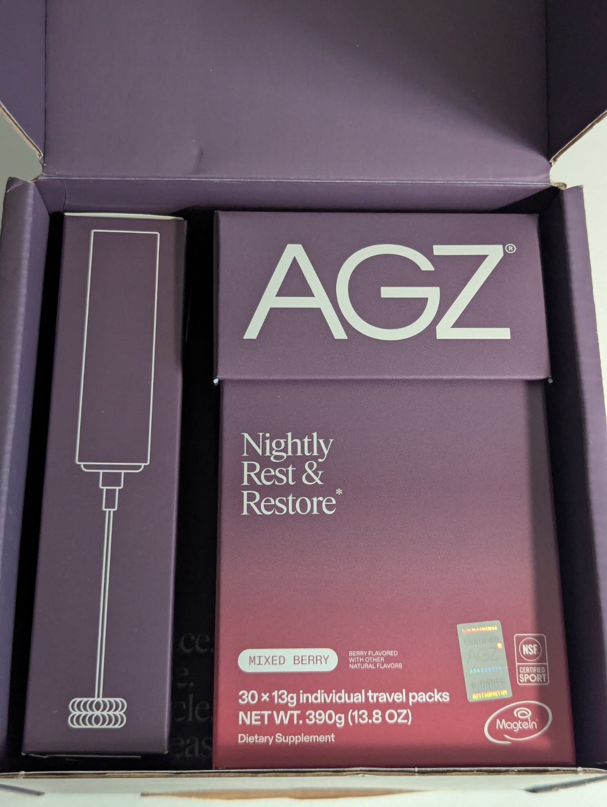 New- AGZ – Nightly Sleep Support 30 Packets + Frother – Mixed Berry