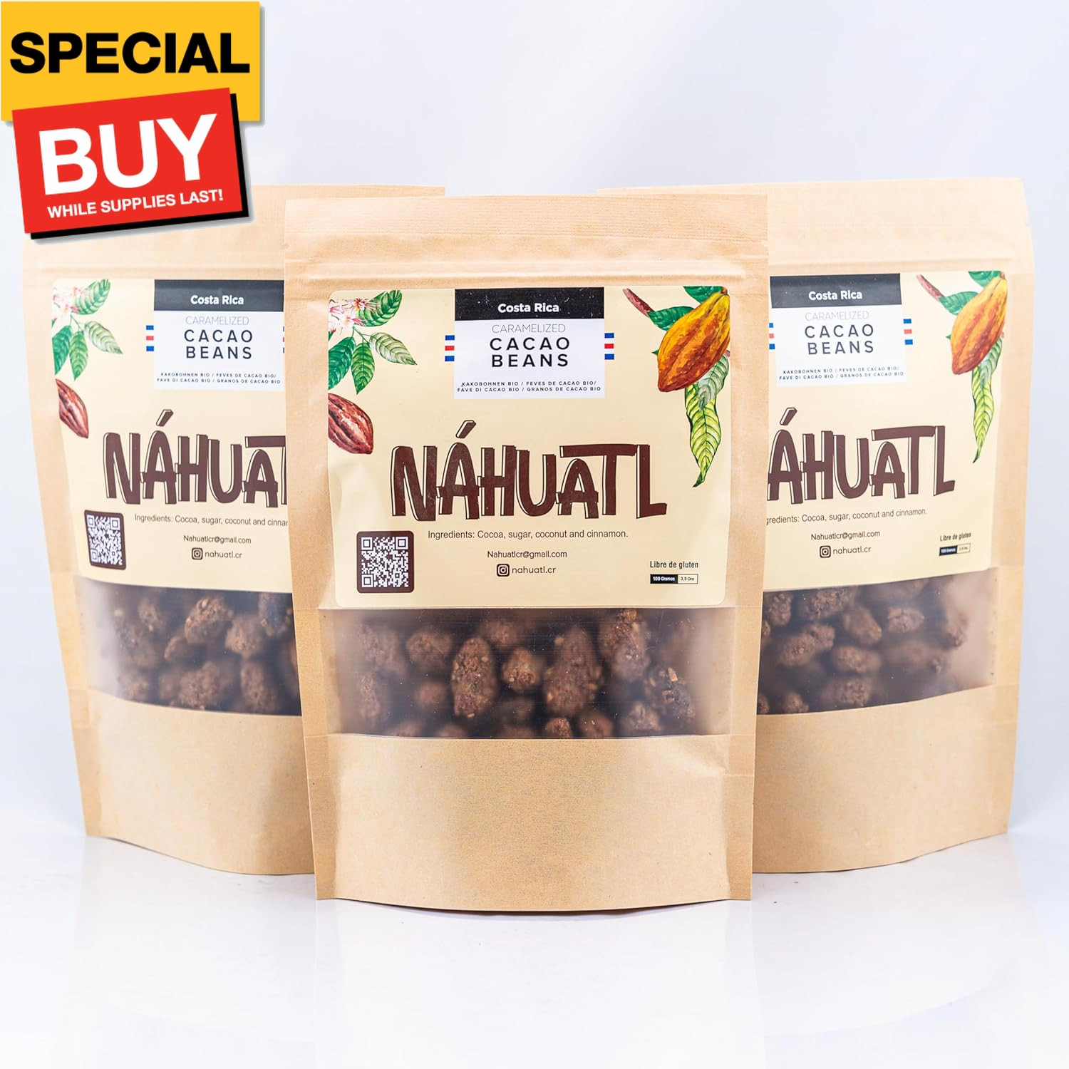 100% Costa Rican organic caramelized cacao beans, Whole food, Gluten and lactose