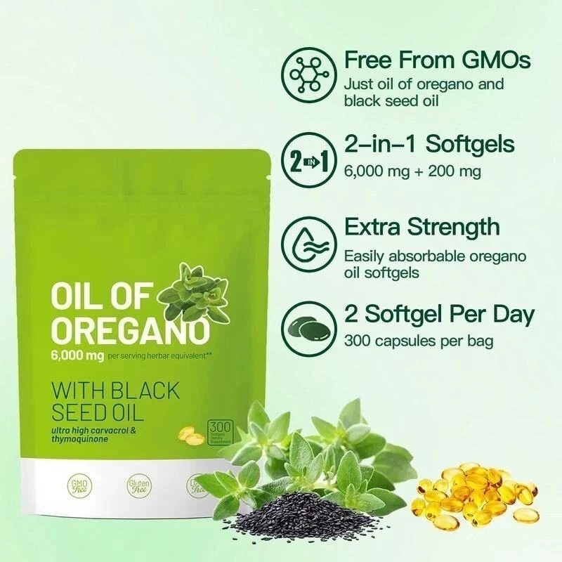 Oil of Oregano 300 Softgels with Black Seed Oil – 6000mg Oregano Oil NEW