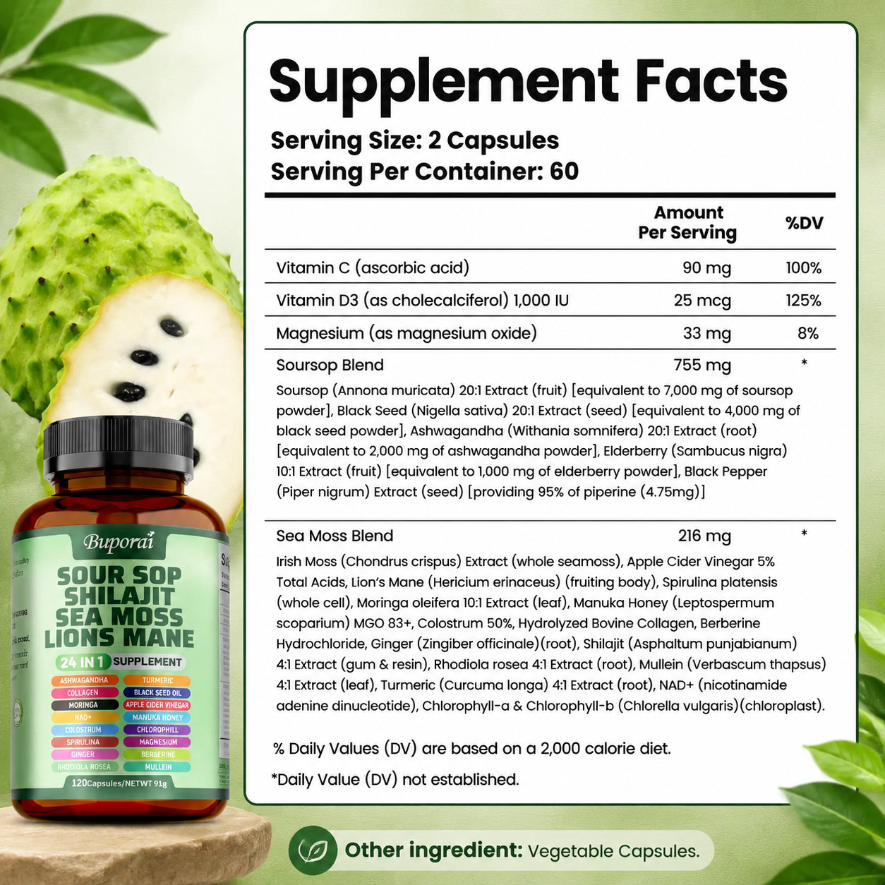 24 in 1 Soursop Complex Capsules Antioxidant Whole Body Wellness 60 Day Supply