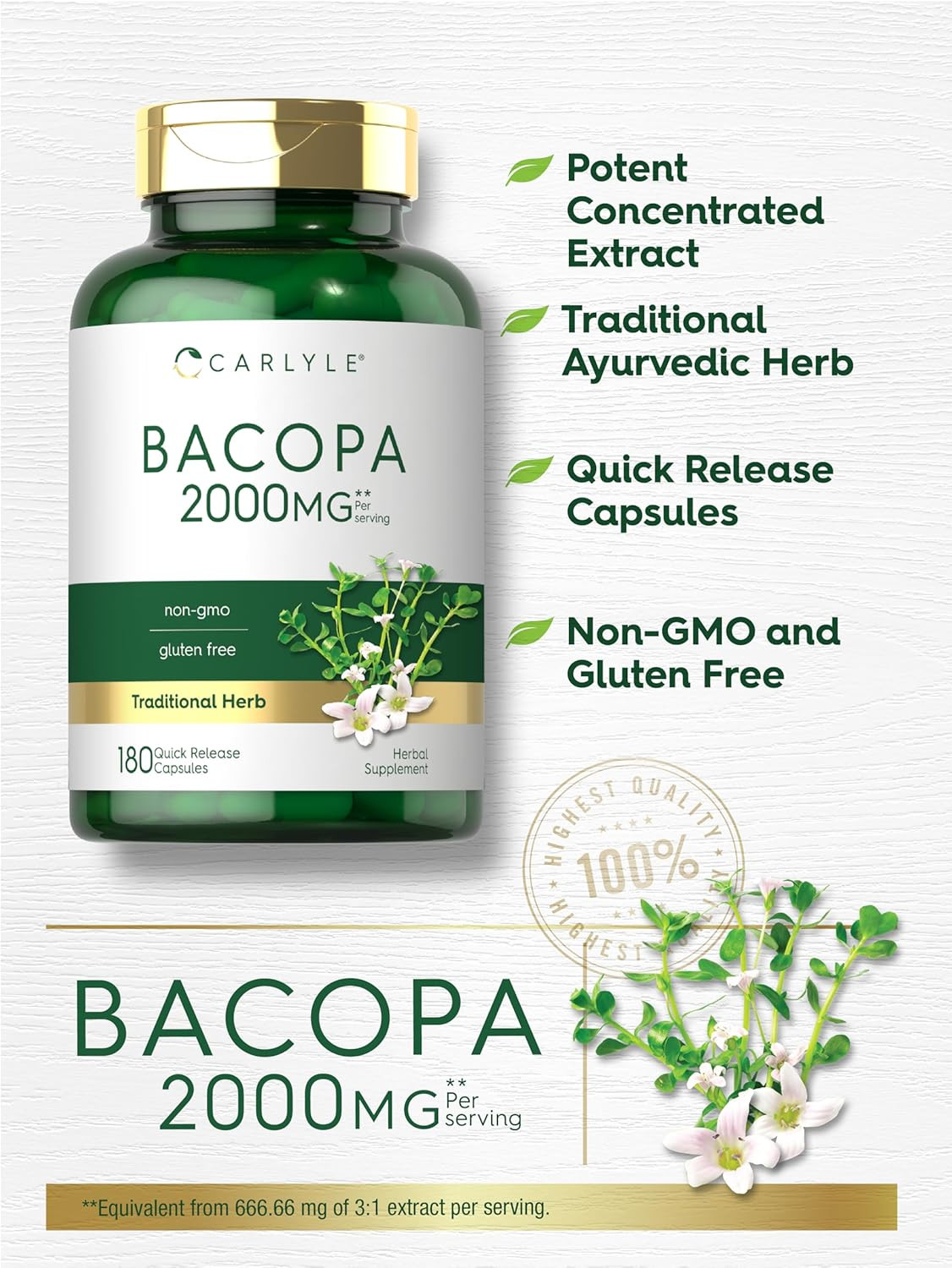 Bacopa Monnieri Capsules | 180 Capsules | Gluten Free Supplement
