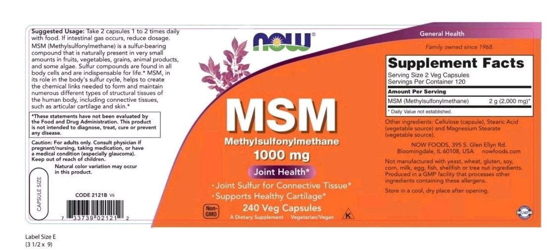 NOW MSM 1000 mg 240 Veg Capsules BB 01/07/2029 For Joint Health $29.99 MSRP NEW