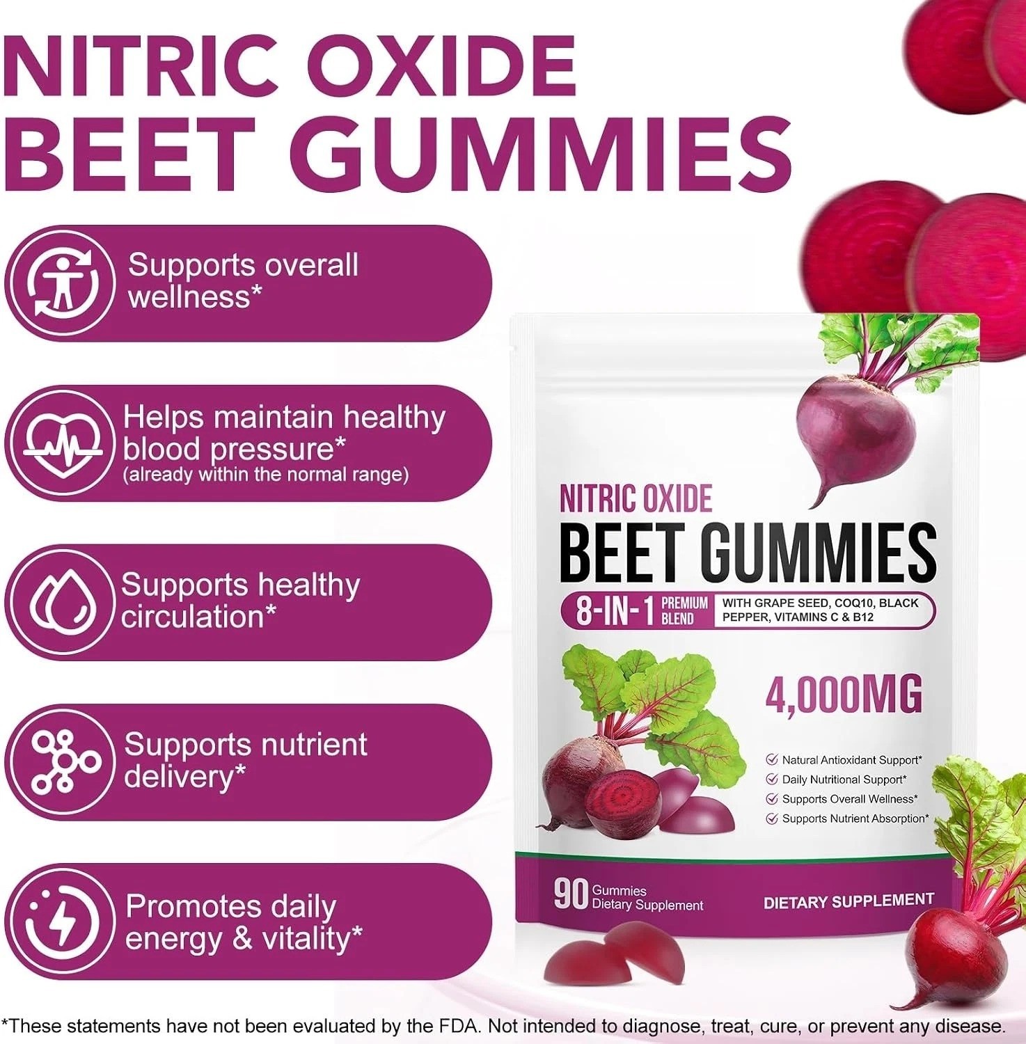 Super Beetroot Gummies, 8 in 1 Beet Root 4,000Mg with Grape Seed Extract & Coq10