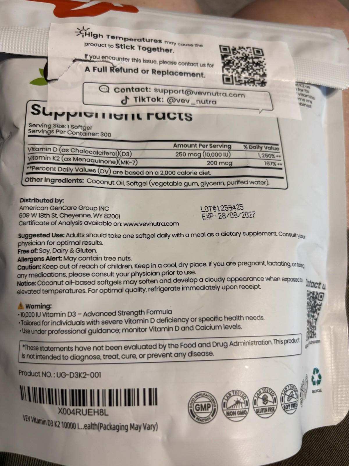 VEV Corefeel Vitamin D3 & K2 10,000 IU, 200 mcg MK-7, 300 Coconut Oil Softgels