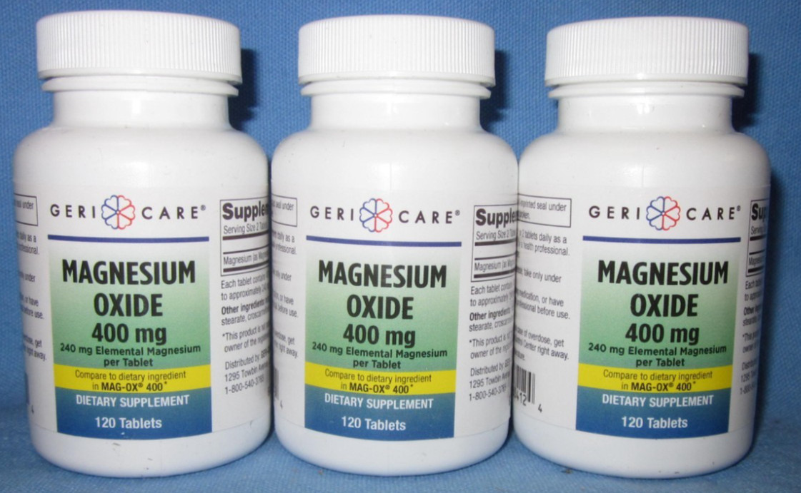 Three 120 Tablet Count Bottles of Magnesium Oxide 400mg Dietary Supplement
