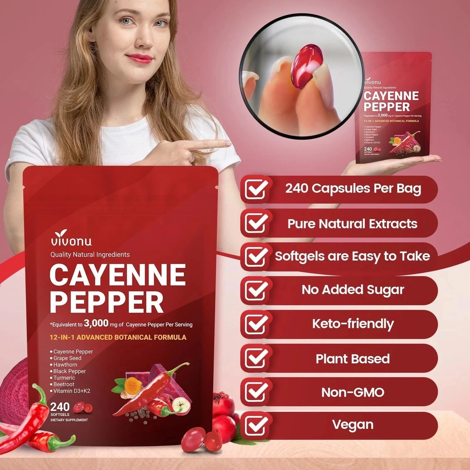 3PCS Cayenne Pepper Softgels Supplement,Supports Leg Vein,Heart and Blood Vessel
