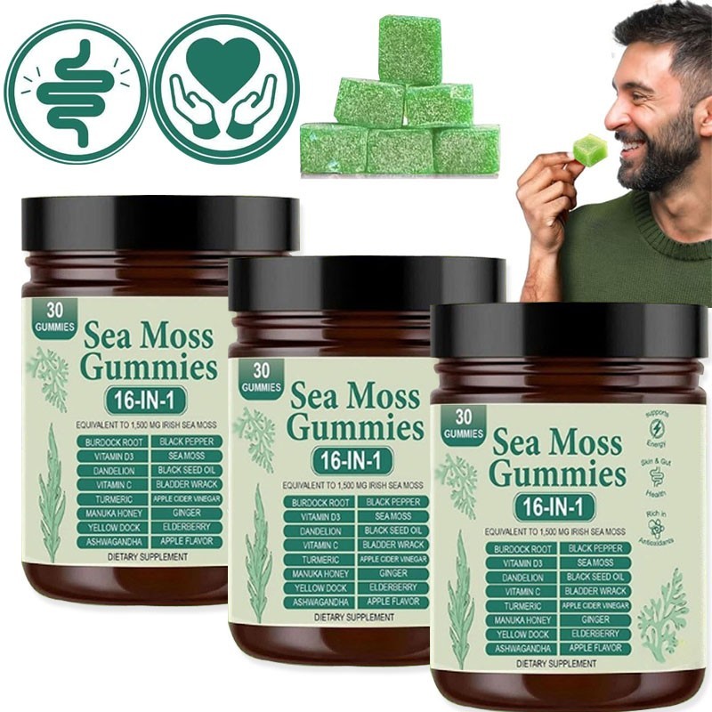 3PCS 16 in 1 Organic Sea Moss Gummy Irishmoss Extract 6000Mg Green Apple Flavor