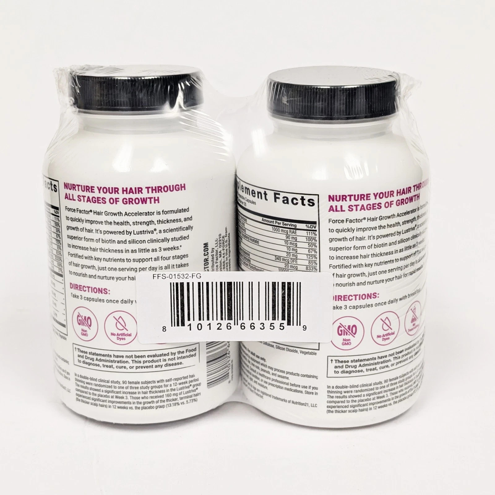2 Bottles Force Factor Hair Growth Accelerator Capsules, 180 Count Free Shipping