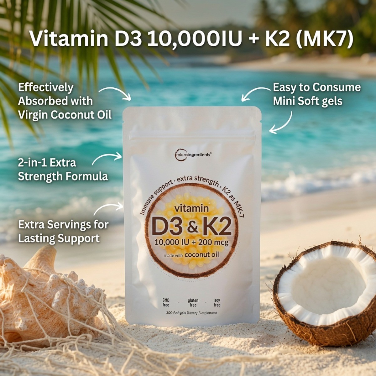 Micro Ingredients Vitamin D3 10000 IU + K2 MK7 Coconut Oil Softgels Supplement