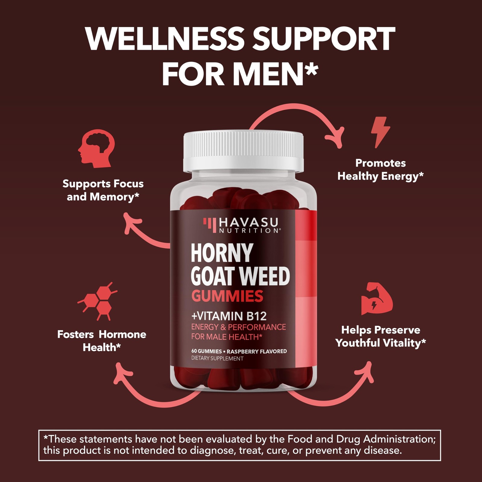 Horny Goat Weed Gummies with Vitamin B12 – Energy, 60 Count (Pack of 1)