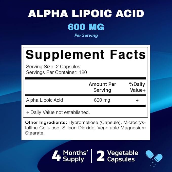 Alpha Lipoic Acid (ALA) 600mg Per Serv 240 Vegetable Caps Vitamatic Antioxidant