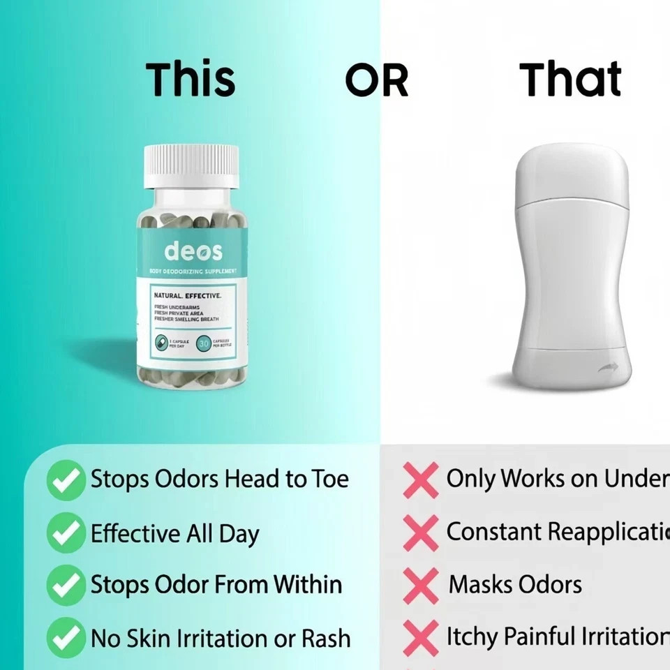 2 PACK DEOS Internal Deodorant Supplement for Full Body Odor Control, 30-Capsule