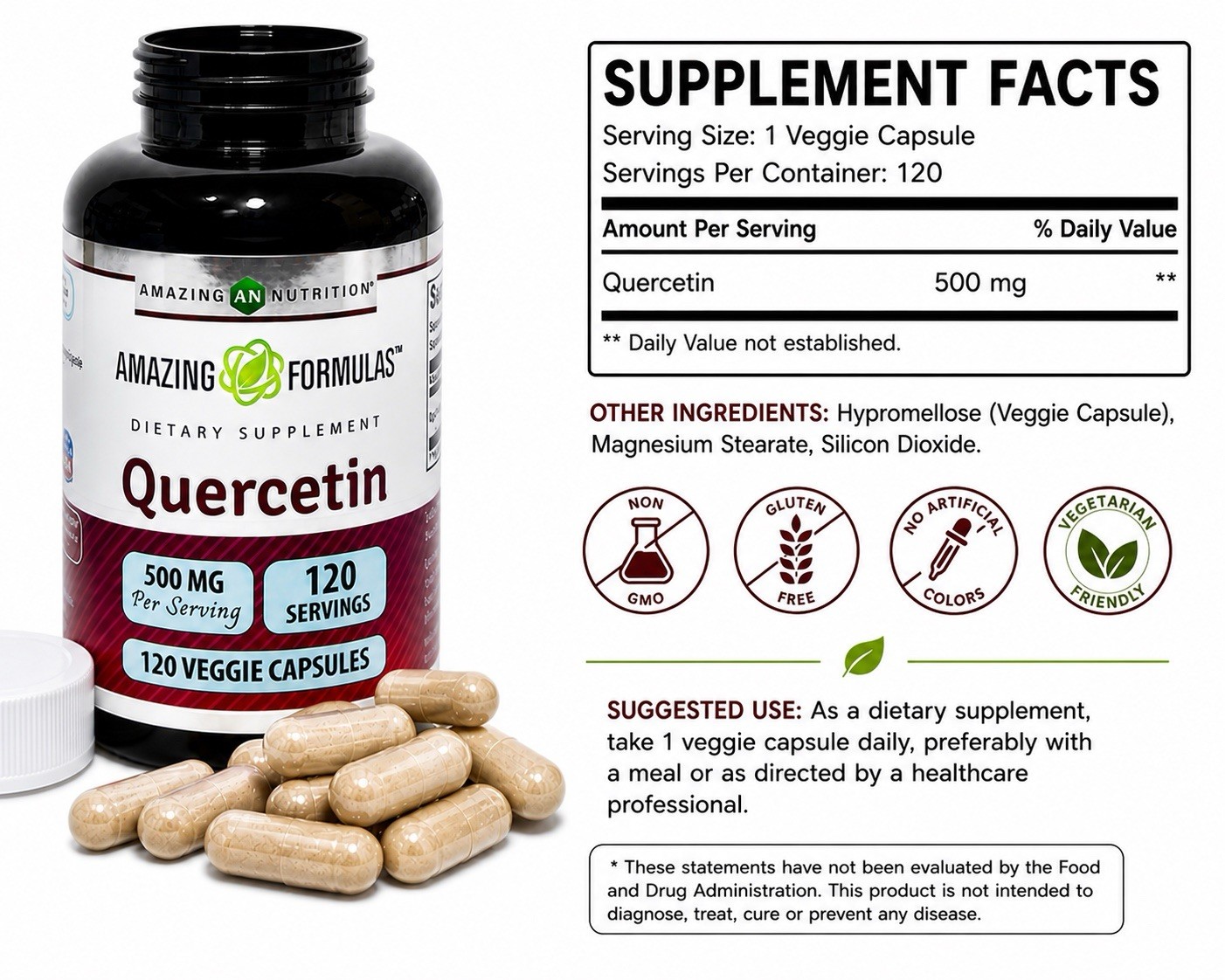 Amazing Formulas Quercetin 500 mg 120 Veggie Capsules Dietary Supplement✅2 PACK