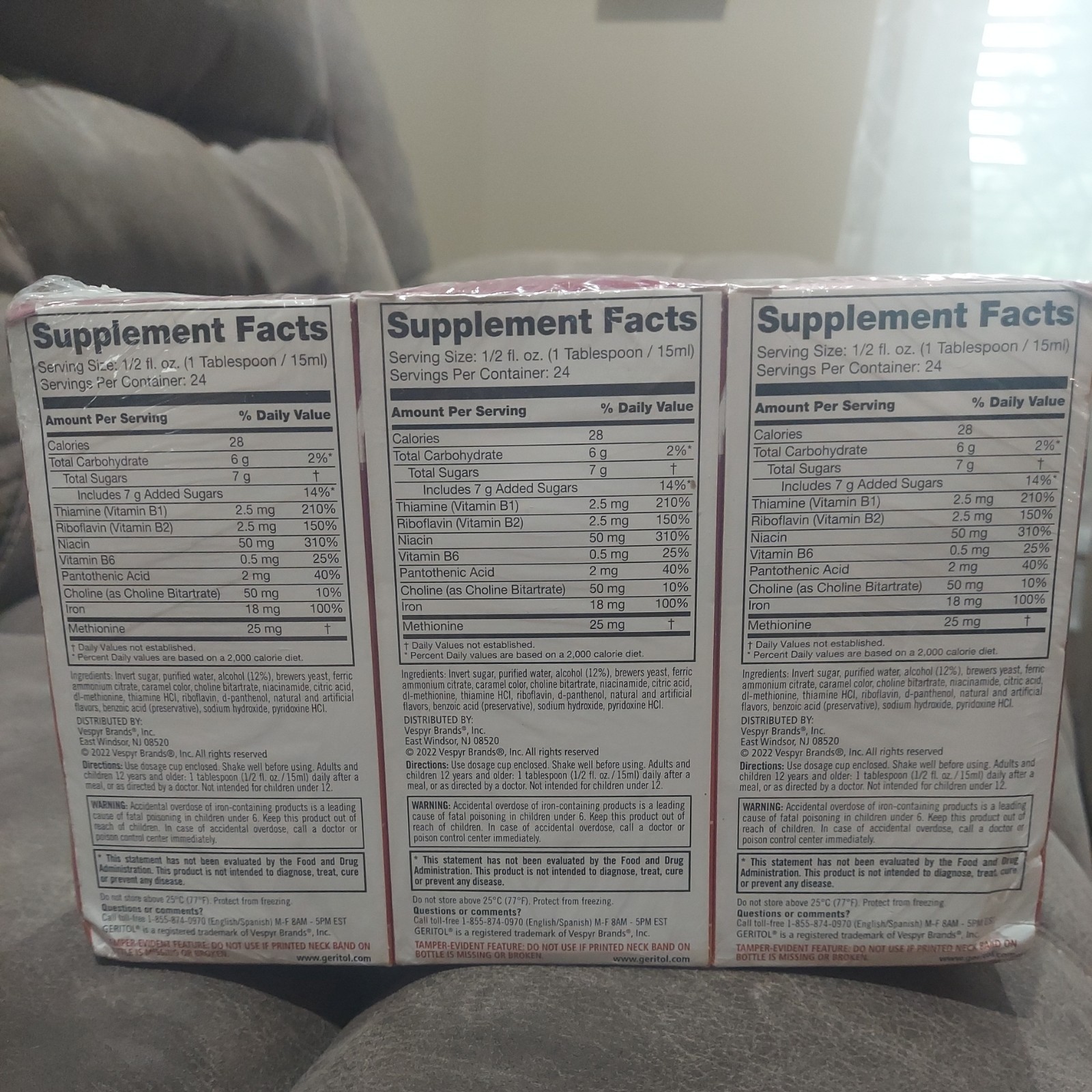 Sealed lot 3 Geritol Liquid Energy Support High Potency B Vitamins Iron 12oz