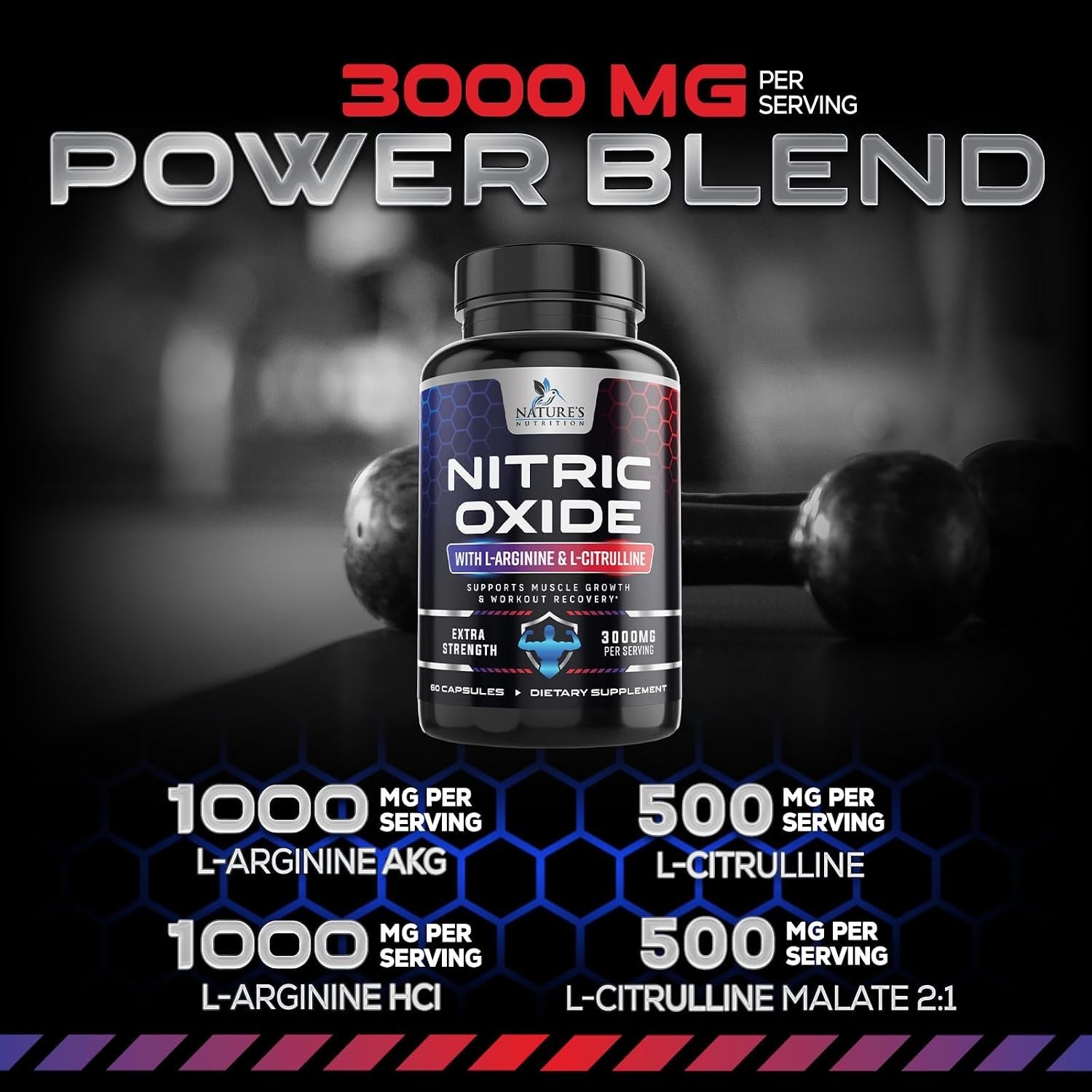 Nitric Oxide Booster 3000mg L-Arginine 3X Extra Strength Capsules