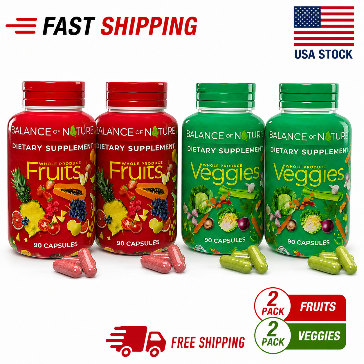 2 Pack, 180 Fruits and 180 Veggies Whole Food Supplement with Superfood New