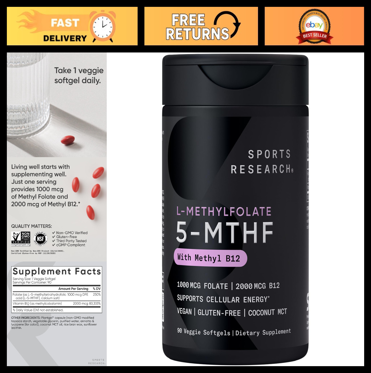 5-MTHF Methyl Folate & B12, 90 Plantgels | Vegan, Non-GMO, Gluten Free | Energy