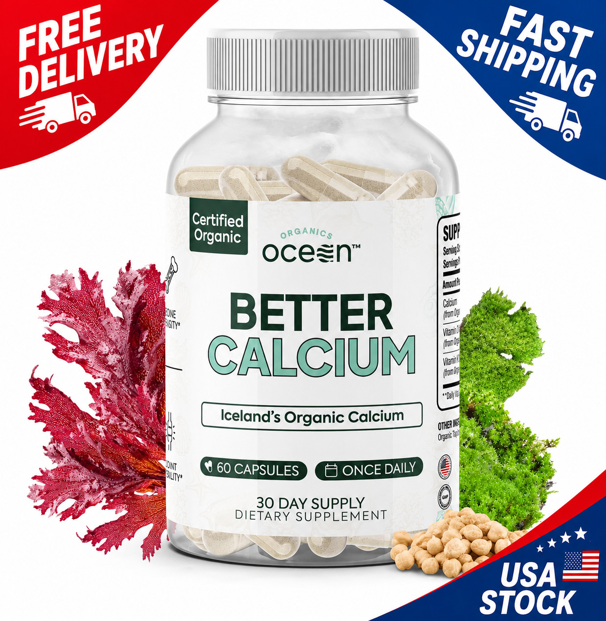 Organics Ocean Better Calcium – Organic Red Algae Calcium with Vitamin D3 and K2