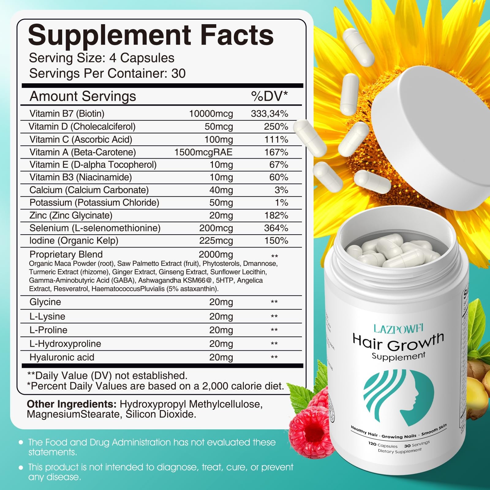 Hair Growth Supplements Biotin 10000mcg 30-in-1 Vitamins A B C D E – Supports