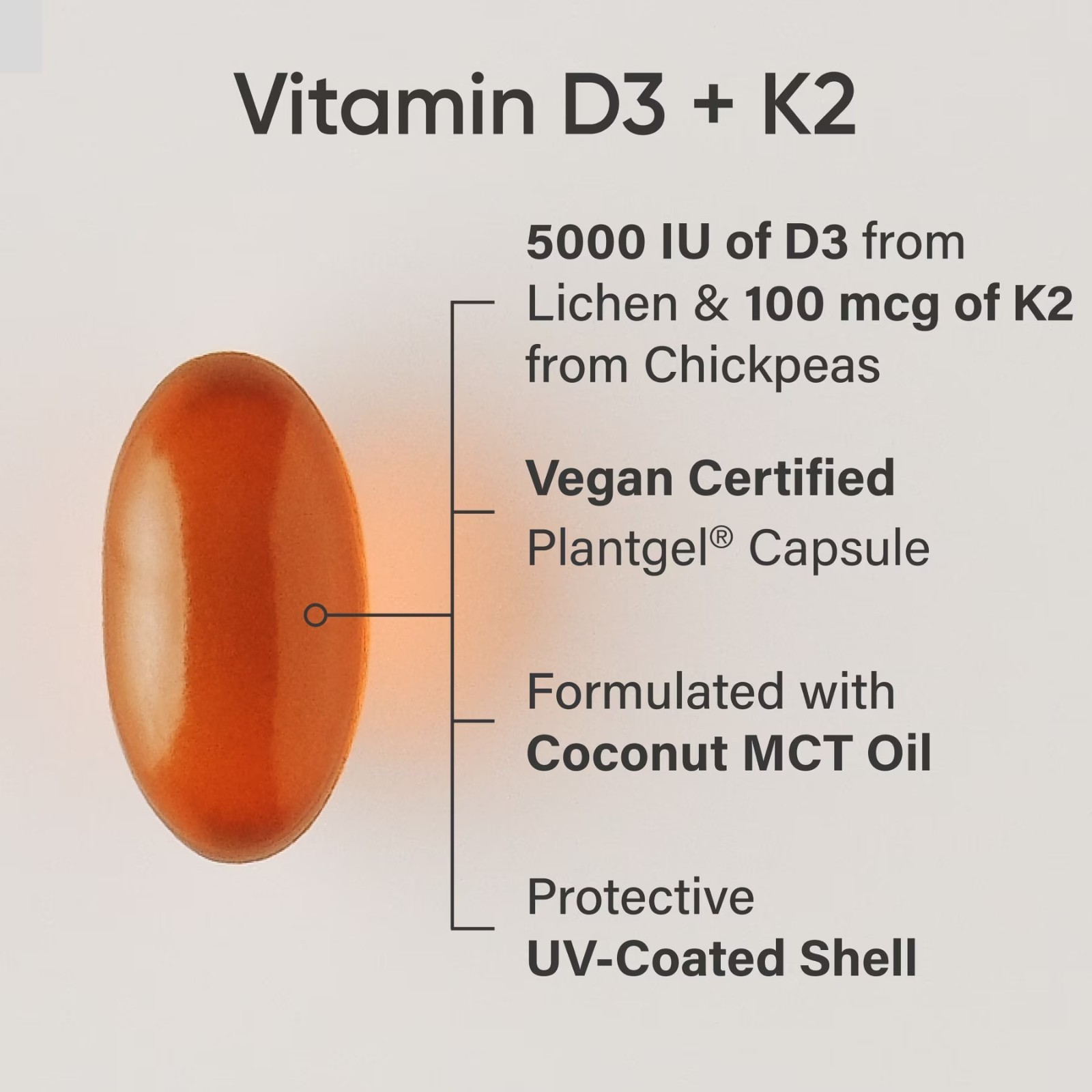 Vitamin D3 + K2 5000iu Plant-Based D3 + 100mcg Vitamin K2 as MK-7 – 120 Softgels