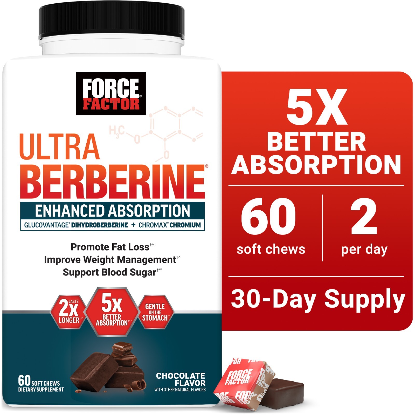Force Factor Ultra Berberine GlucoVantage 5X Absorption Chocolate 60 Soft Chews