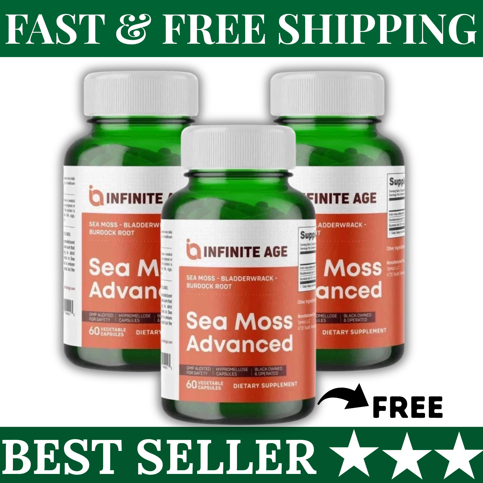 3 Pack INFINITE AGE Sea Moss Advanced 1250mg Superfood, High-Potency 60 Capsule