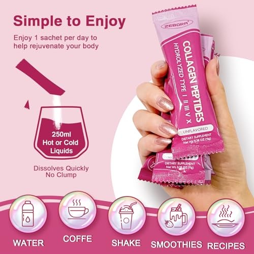 ZEBORA Multi Collagen Peptides Powder Packets with Hyaluronic Acid, Biotin, MCT