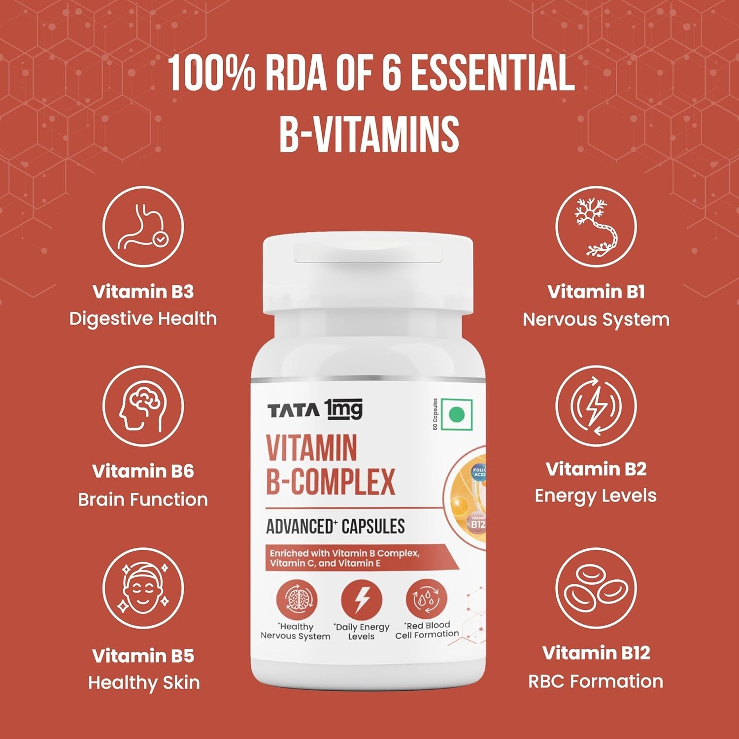 TATA 1mg Vitamin B Complex Capsules 100% RDA for B1,B2,B3,B5,B6,Biotin 60caps