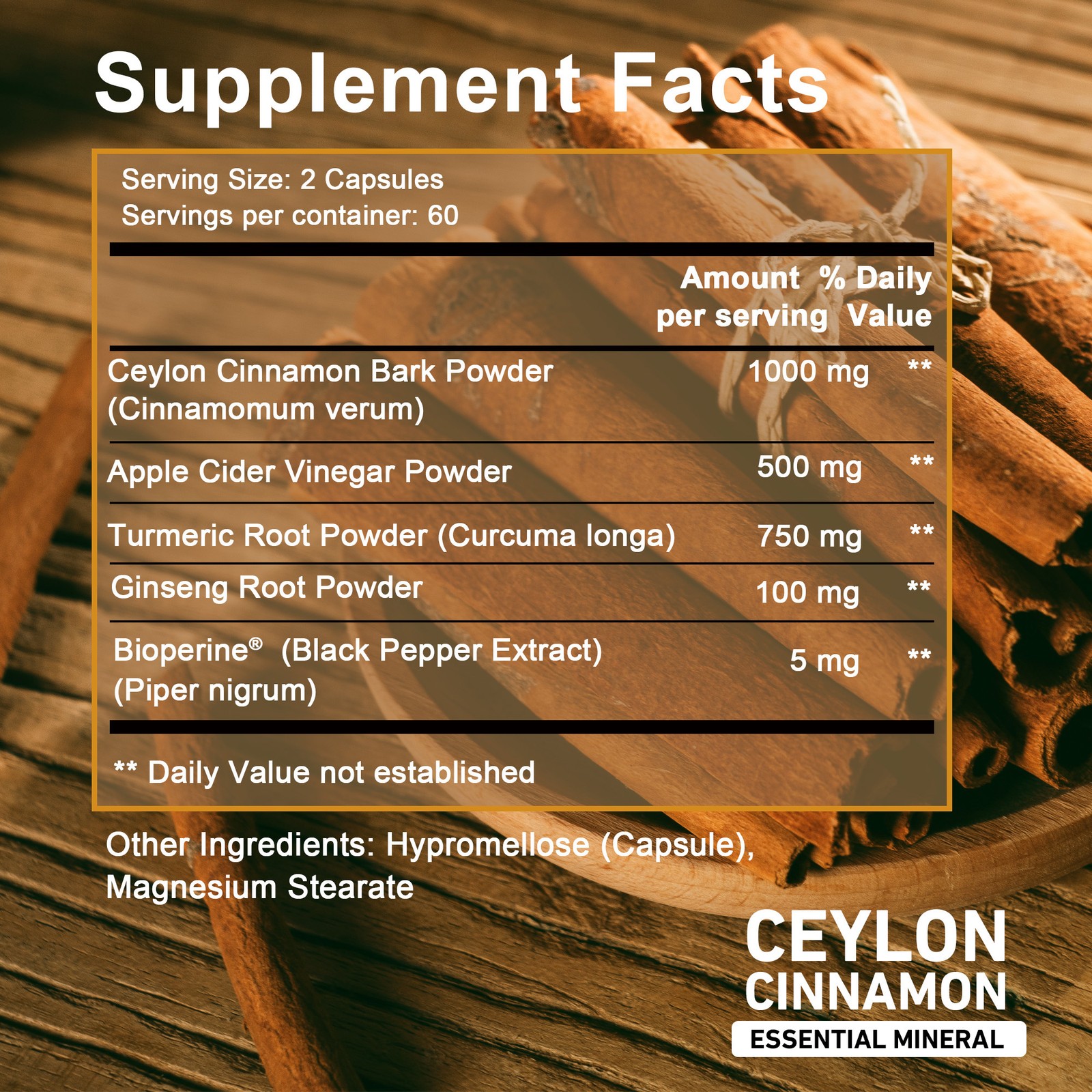 Ceylon Cinnamon, Apple Cider Vinegar – Ginseng,Turmeric,Bioperine – Joint Health