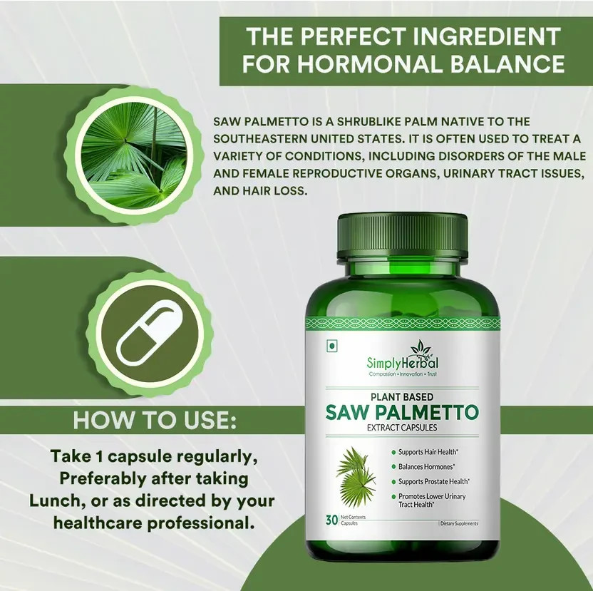 Simply Herbal Saw Palmetto Capsules for Hair Growth, Prostate Health & Hair