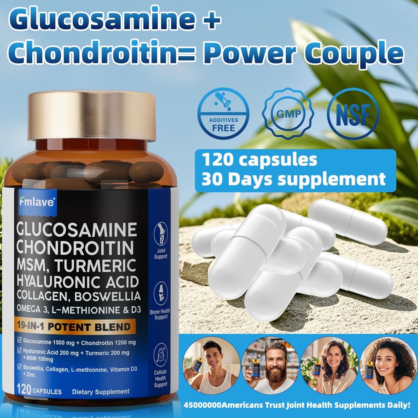 Glucosamine Chondroitin Collagen Hyaluronic Acid MSM Turmeric Joint Support 120c