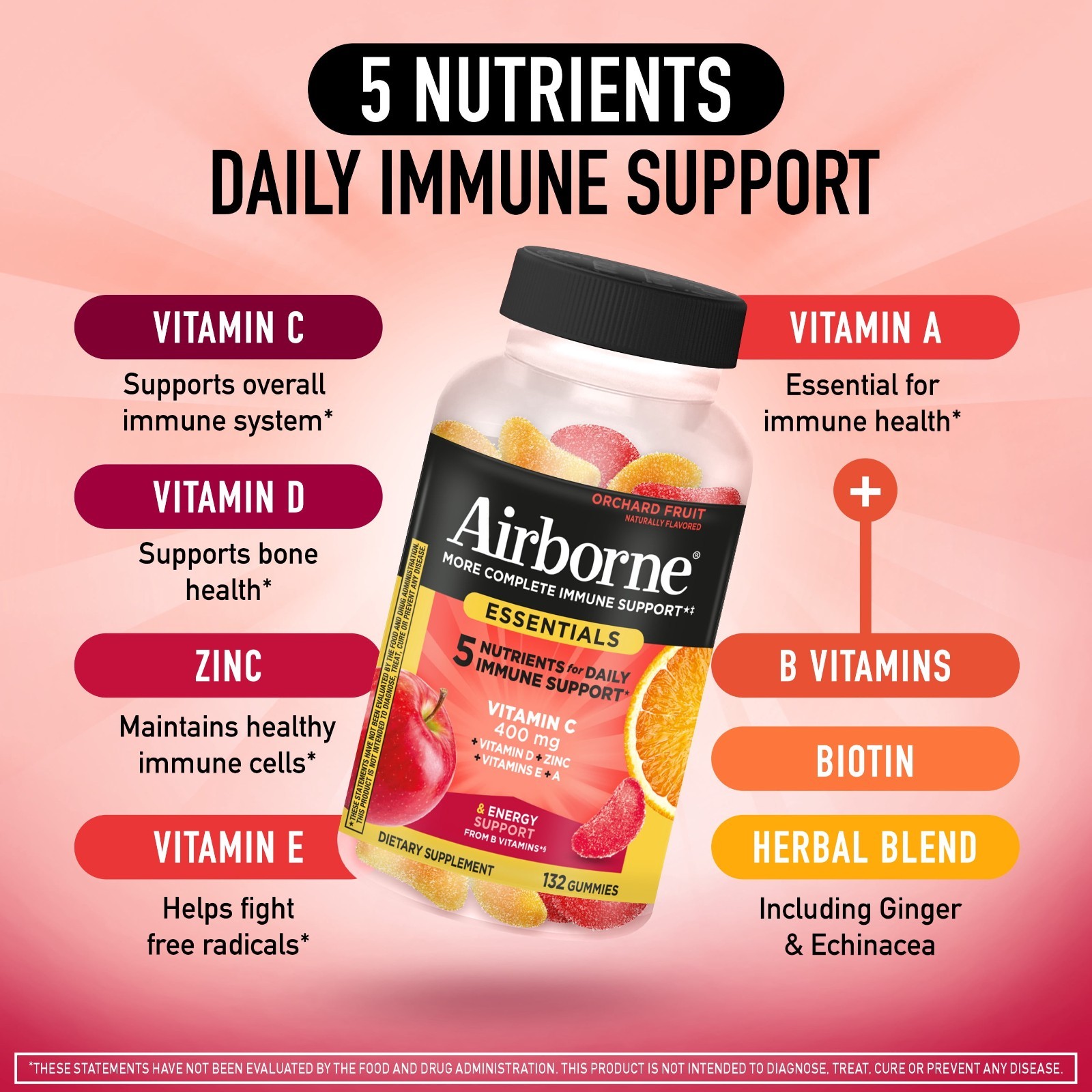 2 Pack Airborne Vitamin C Gummies Immune Essentials Assorted Fruit 132 Count