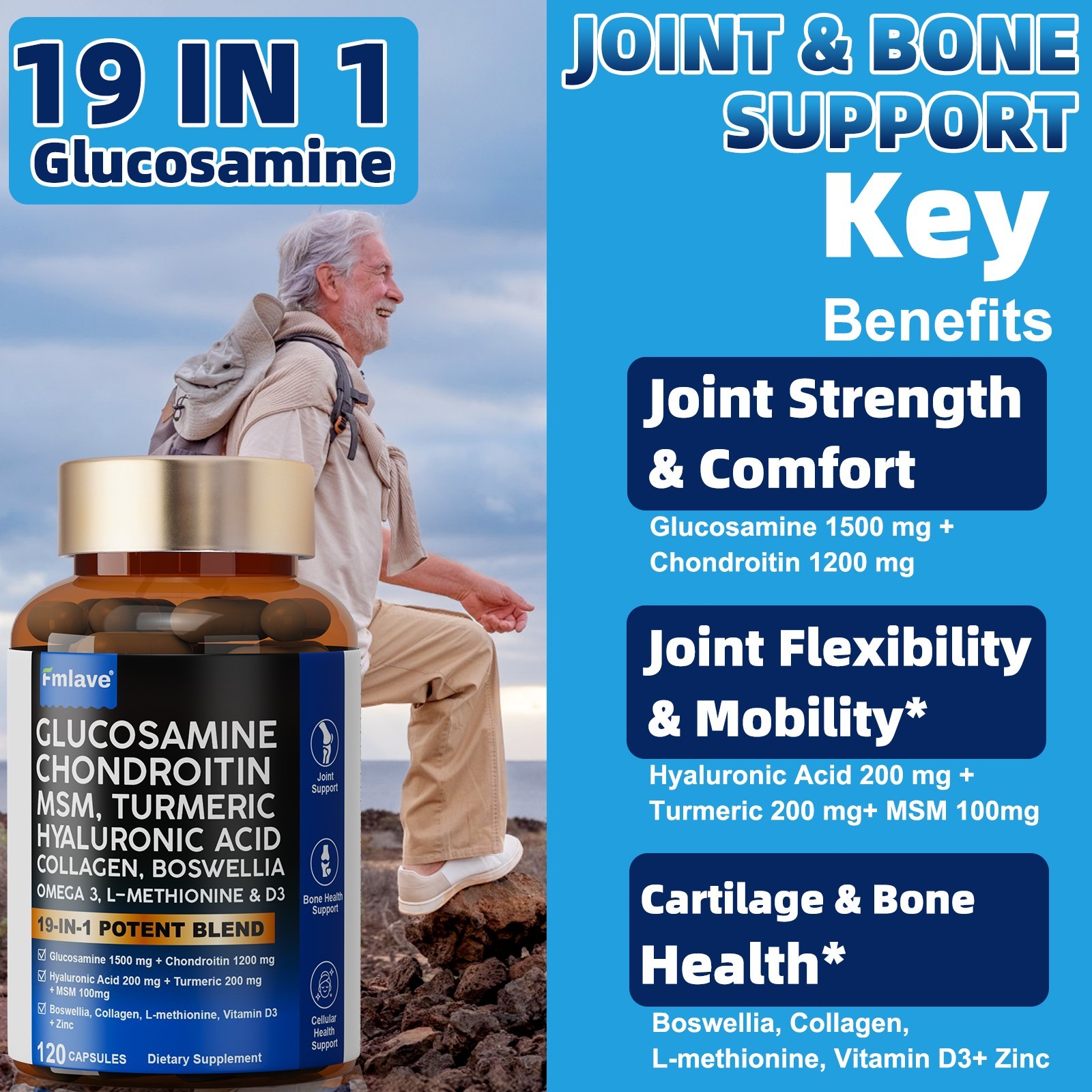 Glucosamine Chondroitin Collagen Hyaluronic Acid MSM Turmeric Joint Support 120c