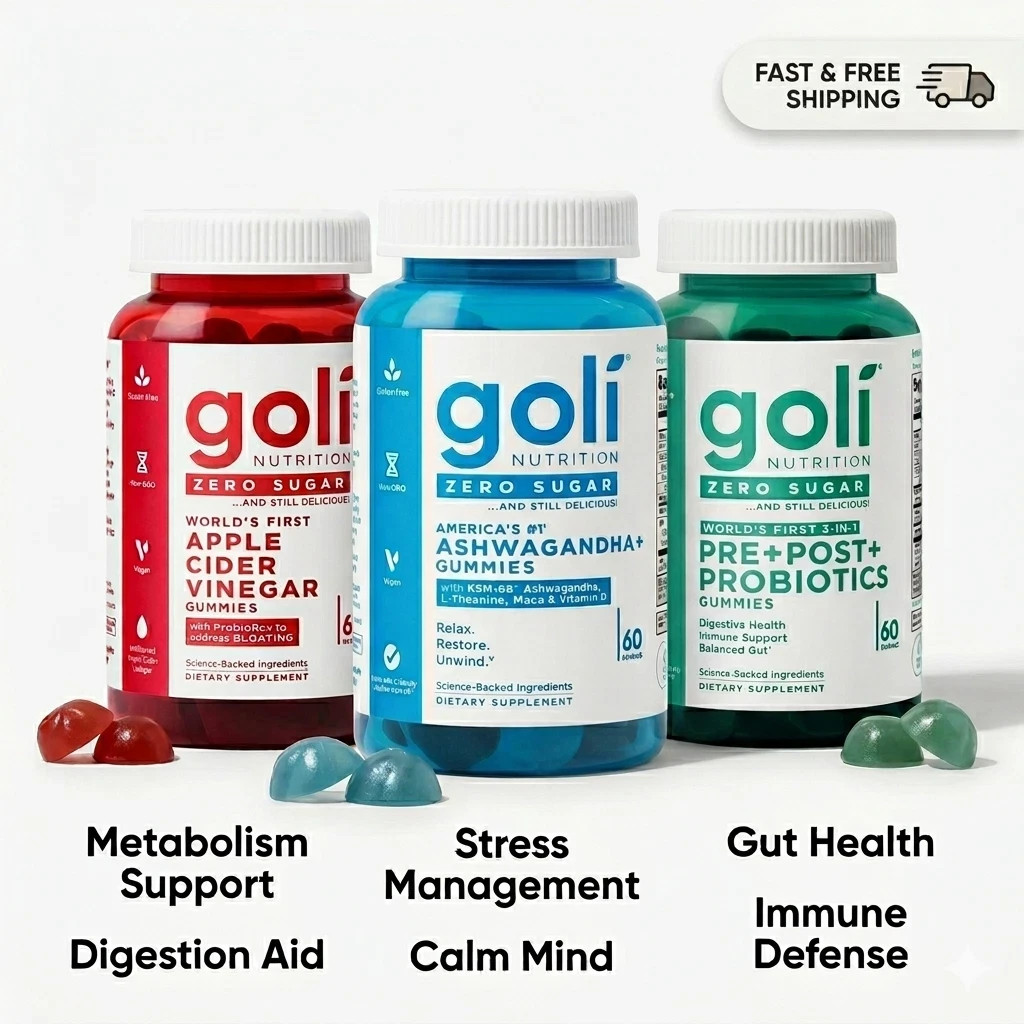 3 Bottles Goli Zero Sugar Best Seller Trio Set Gummies, 60 Counts Per Bottle