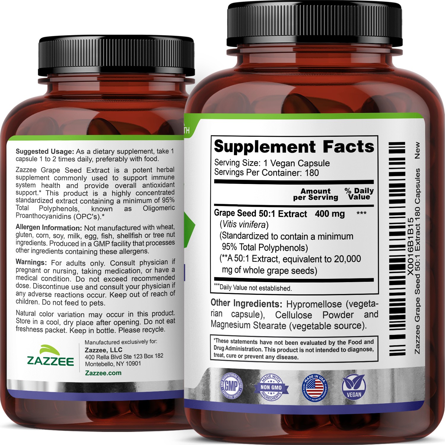 Grape Seed Extract 180 Veggie Capsules 400 mg 95% Polyphenols Antioxidant