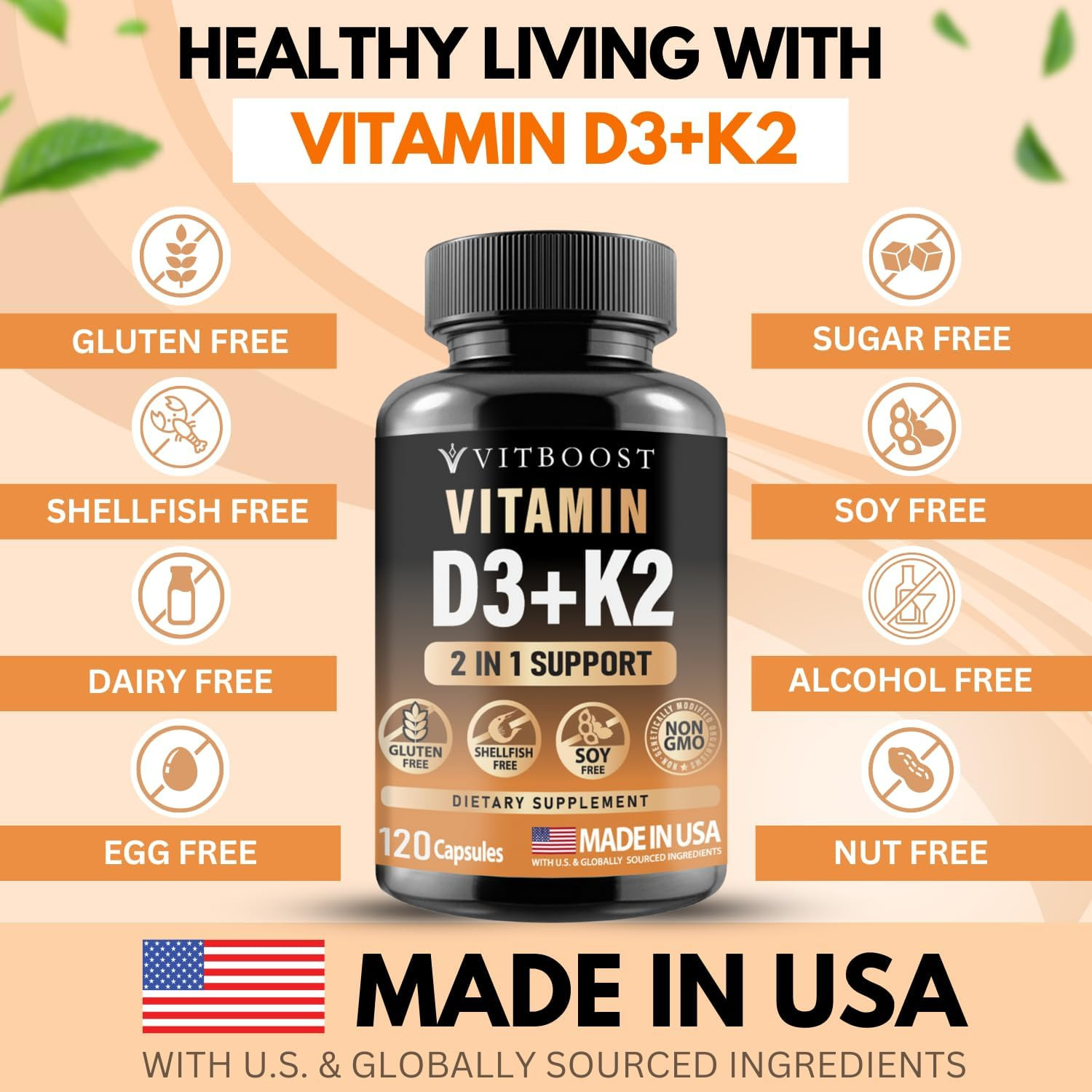 Vitamin D3 K2 Complex – Easy to Swallow – Vitamin D (D3) 5000 IU (125 Mcg) & K2(