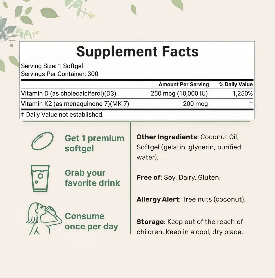 Vitamin D3 10000 iu & K2 (MK-7) 200 mcg, 300 Virgin Coconut Oil Softgels