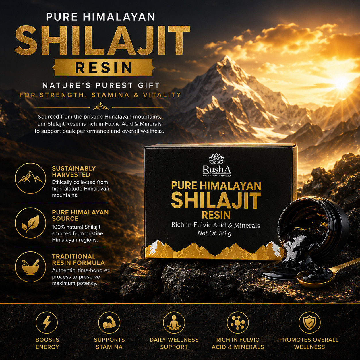 Rusha Pure Himalayan Shilajit Resin 30g | Rich in Fulvic Acid & Minerals