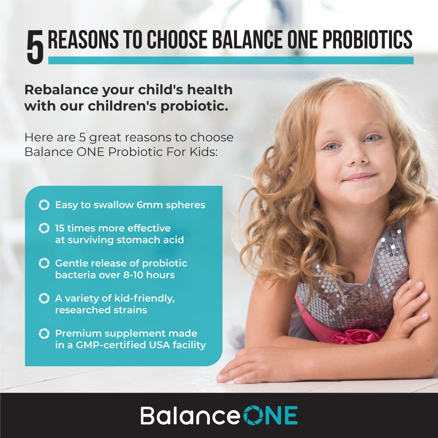 Balance ONE Kids Probiotic, Easy-to-Swallow Pearls, Sugar Free, 2 Month Supply