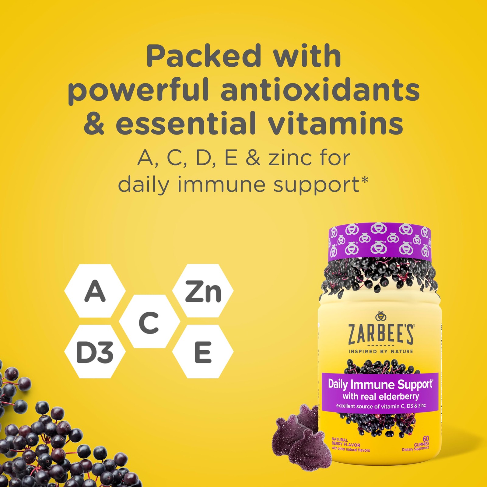 Zarbee’s Daily Immune Support* Gummies with Real Elderberry, Vitamins A, 60ct